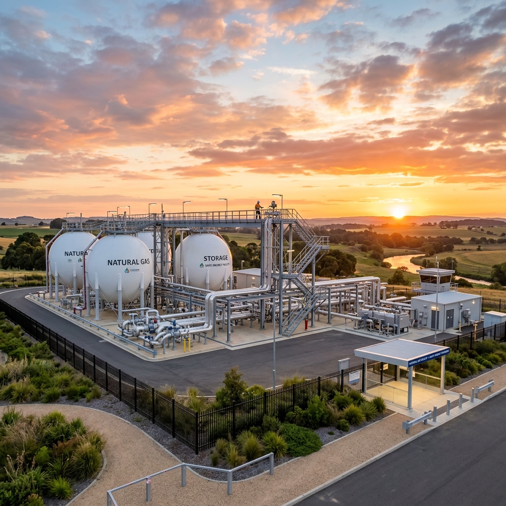 Spherical gas storage terminals and security valves at plant depot